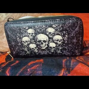 Gothic Black Skull Pattern  Long Wallet Vegan Leather